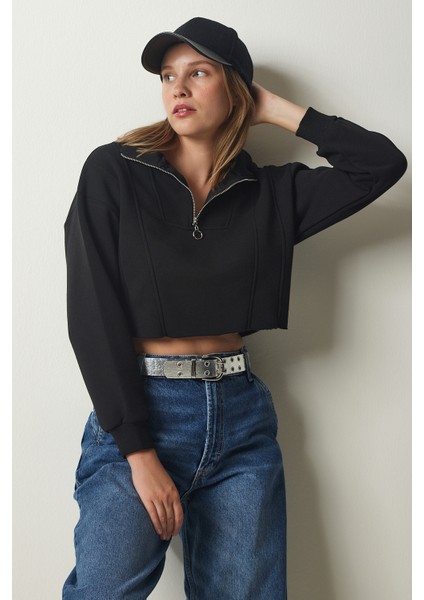 Fermuarlı Şardonlu Crop Örme Sweatshirt LHF0011 SİYAH fiyatları
