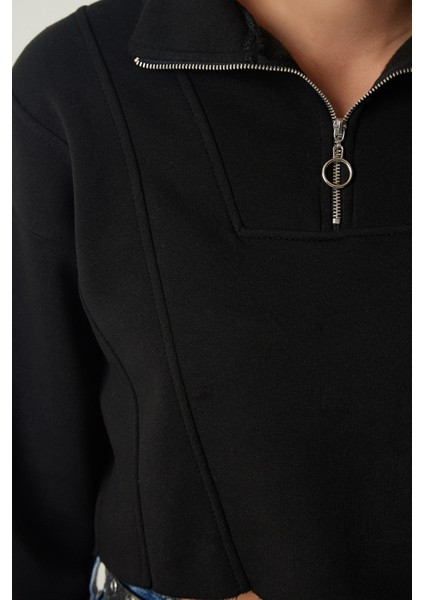 Fermuarlı Şardonlu Crop Örme Sweatshirt LHF0011 SİYAH modelleri