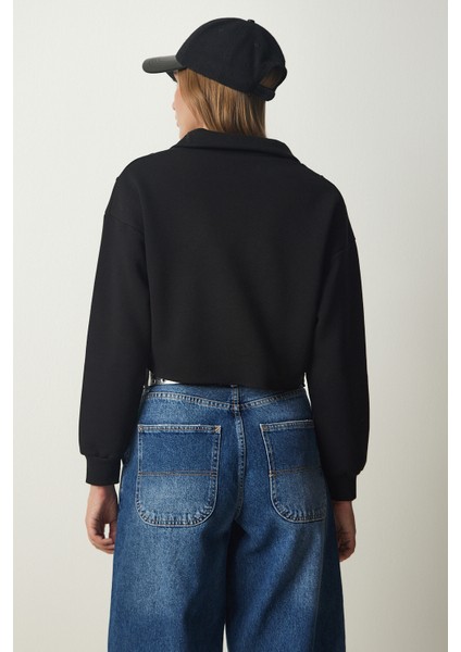 Fermuarlı Şardonlu Crop Örme Sweatshirt LHF0011 SİYAH fırsatları