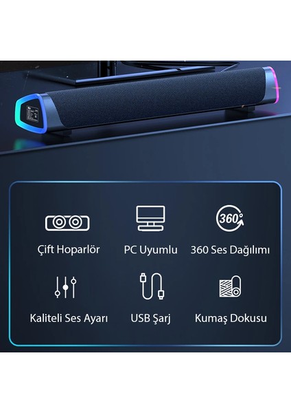 Ally Rgb Bas Soundbar Tv Ses Sistemi ve Bilgisayar Masaüstü Bluetooth Hoparlör Su - MCT7915-9426
