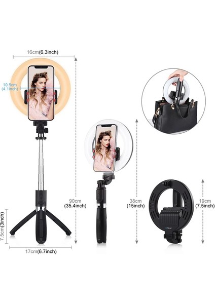 Puluz 6.3 Inch 16CM Ring LED Canlı Yayın Bluetooth Tripod Vlogging Selfie Light-(5 - MCT5509-8242