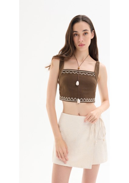 Nakış Işlemeli Biyeli Keten Crop Bluz Koyu Kahve