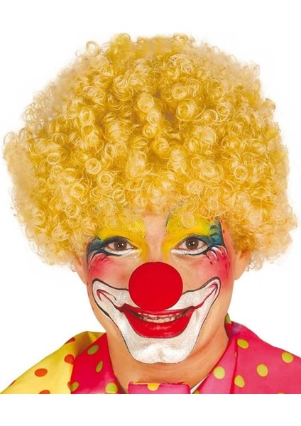 Bfs Sarı Renk Kıvırcık Afro Bonus Peruk Takma Saç ve Kırmızı Burun Seti