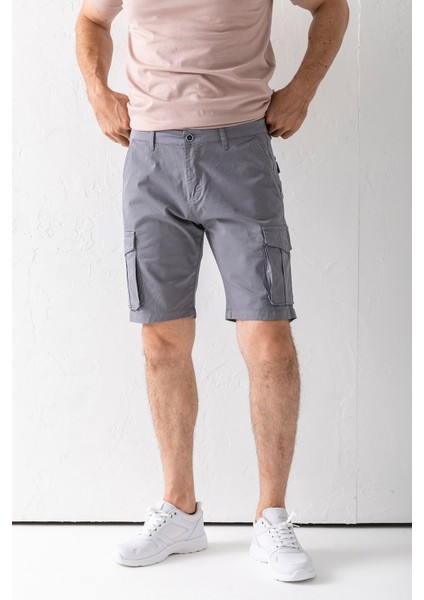 Erkek Düğme Kapamalı Kargo Cepli Pamuklu Şort Gri - 2855