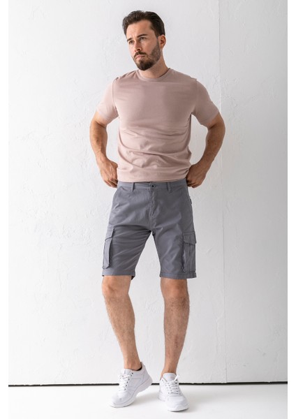 Erkek Düğme Kapamalı Kargo Cepli Pamuklu Şort Gri - 2855
