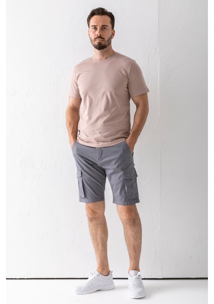 Erkek Düğme Kapamalı Kargo Cepli Pamuklu Şort Gri - 2855