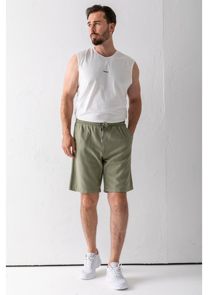 Erkek Beli Ayarlanabilir Çift Cepli Şort Haki - 9239