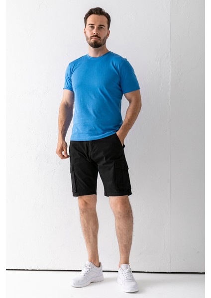 Erkek Düğme Kapamalı Kargo Cepli Pamuklu Şort Siyah - 2855