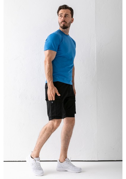 Erkek Düğme Kapamalı Kargo Cepli Pamuklu Şort Siyah - 2855