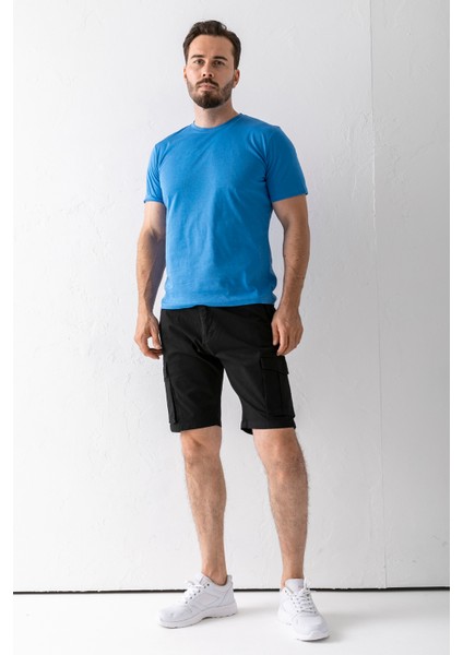 Erkek Düğme Kapamalı Kargo Cepli Pamuklu Şort Siyah - 2855