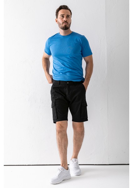 Erkek Düğme Kapamalı Kargo Cepli Pamuklu Şort Siyah - 2855