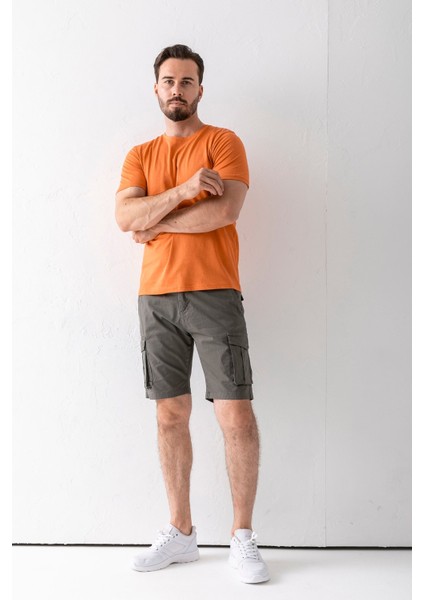 Erkek Düğme Kapamalı Kargo Cepli Pamuklu Şort Haki - 2855