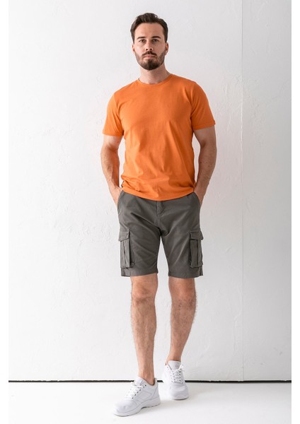 Erkek Düğme Kapamalı Kargo Cepli Pamuklu Şort Haki - 2855