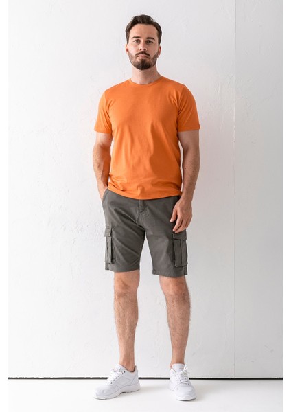 Erkek Düğme Kapamalı Kargo Cepli Pamuklu Şort Haki - 2855