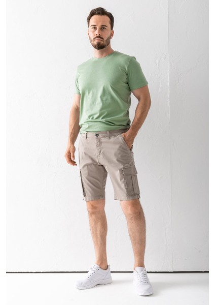Erkek Düğme Kapamalı Kargo Cepli Pamuklu Şort Bej - 2855