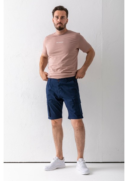 Erkek Düğme Kapamalı Kargo Cepli Pamuklu Şort Lacivert - 2855