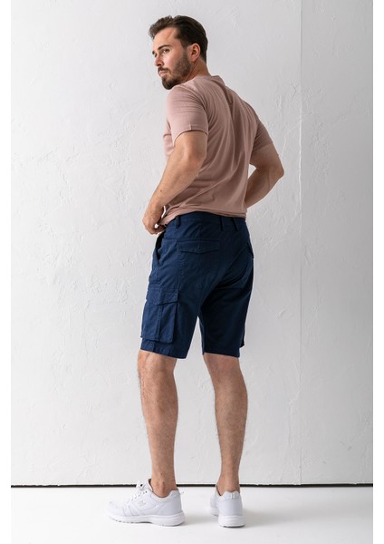Erkek Düğme Kapamalı Kargo Cepli Pamuklu Şort Lacivert - 2855