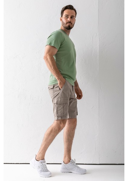 Erkek Düğme Kapamalı Kargo Cepli Pamuklu Şort Bej - 2855