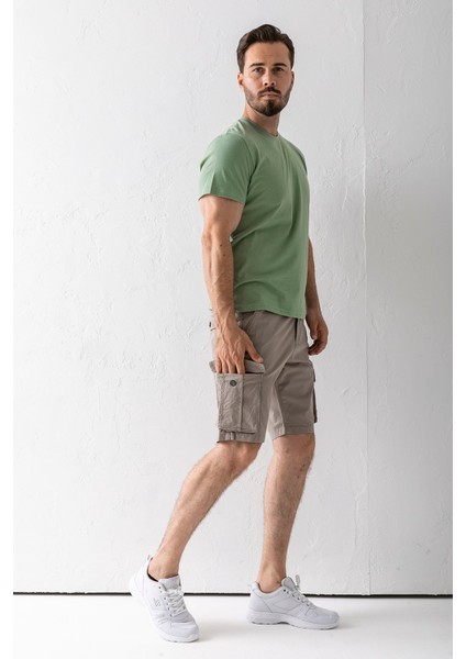 Erkek Düğme Kapamalı Kargo Cepli Pamuklu Şort Bej - 2855
