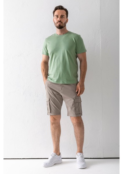Erkek Düğme Kapamalı Kargo Cepli Pamuklu Şort Bej - 2855