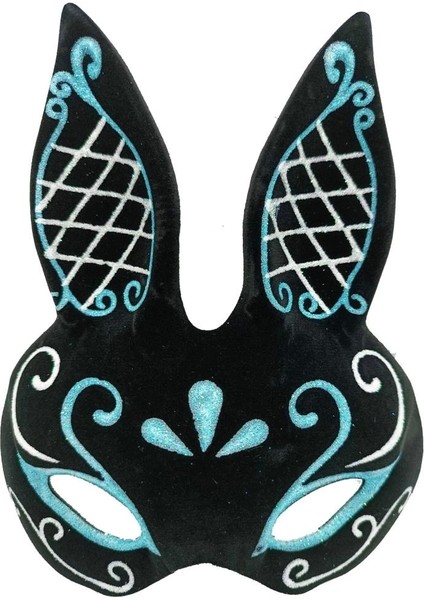 Bfs Siyah Renk Mavi Beyaz Simli Siyah Süet Kaplama Tavşan Maskesi 18X16 cm