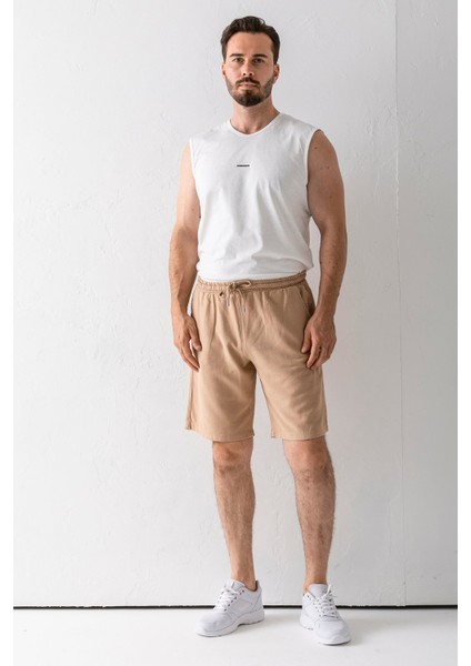 Erkek Beli Ayarlanabilir Çift Cepli Şort Bej - 9239