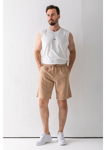 Erkek Beli Ayarlanabilir Çift Cepli Şort Bej - 9239 indirimleri