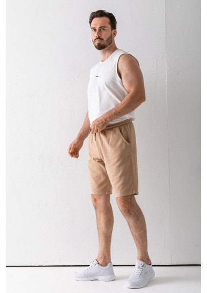 Erkek Beli Ayarlanabilir Çift Cepli Şort Bej - 9239