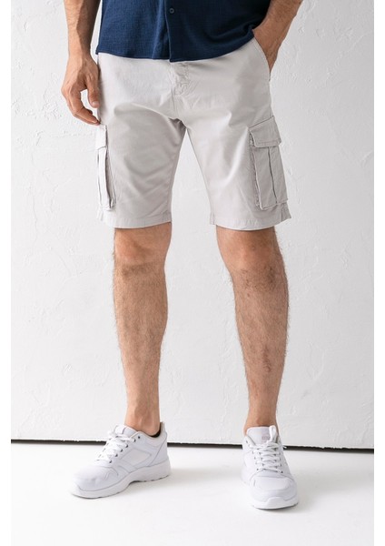 Erkek Düğme Kapamalı Kargo Cepli Pamuklu Şort Taş - 2855