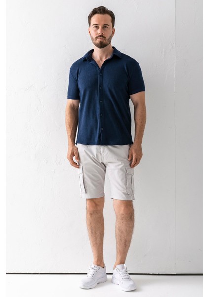 Erkek Düğme Kapamalı Kargo Cepli Pamuklu Şort Taş - 2855