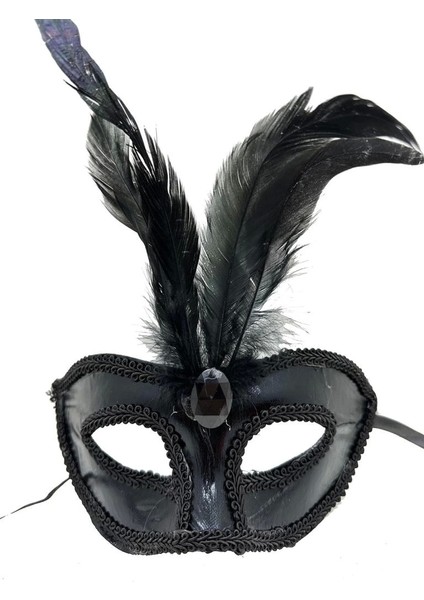 Bfs Siyah Renk Rugan Kaplama Kırmızı Tüylü Parti Maskesi 18X20 cm