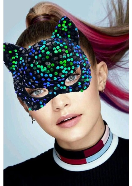 Bfs Siyah Kadife Kumaş Üzerine Mavi Yeşilli Payetli Pullu Parti Maskesi 16X14 cm