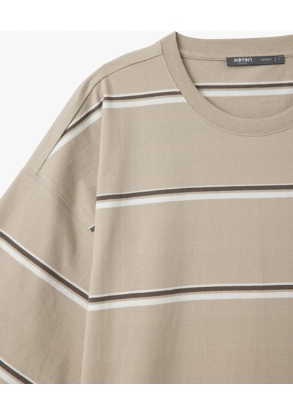 Çizgili Bisiklet Yaka Kısa Kollu Tok Kumaş Pamuklu Oversize Tişört modelleri