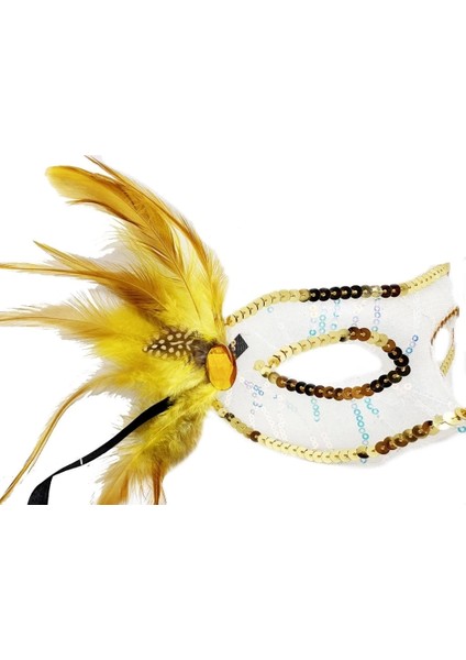 Bfs Altın Renk Yandan Tüylü Pul Payet Işlemeli Parti Maskesi 23X12 cm