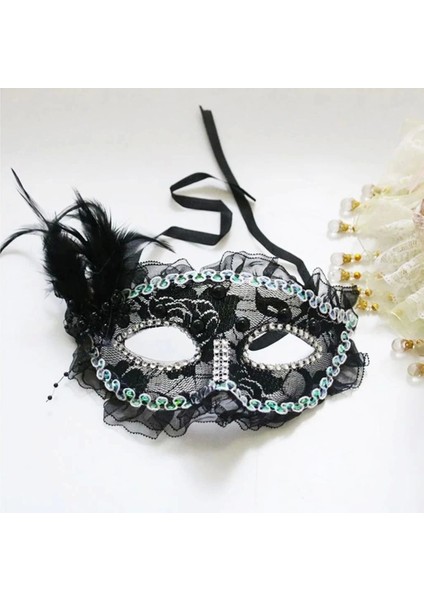 Bfs Siyah Renk Yandan Tüylü Inci Işlemeli Taşlı Dantelli Parti Maskesi 17X12 cm