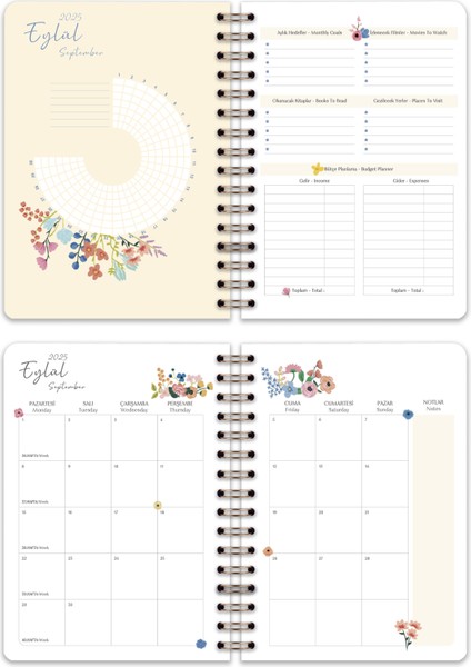 2025-2026 A5 Akademik Ajanda Spiralli 15X21 cm -13 Aylık- Lila Çiçekler modelleri