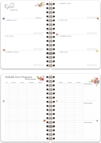 2025-2026 A5 Akademik Ajanda Spiralli 15X21 cm -13 Aylık- Lila Çiçekler fırsatları