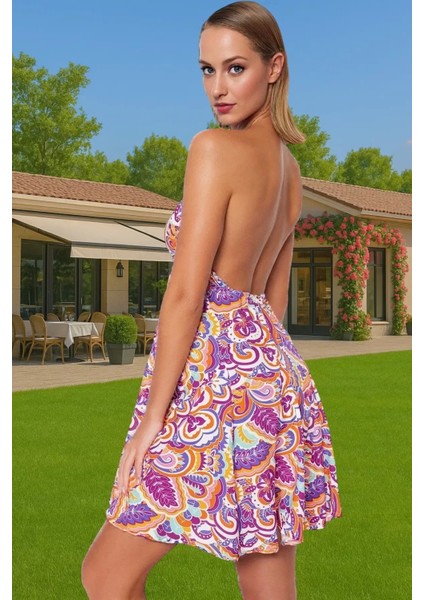 V Yaka Sırt Dekolteli Mini Elbise Yazlık Plaj Şıklığı Dokuma Konforlu Kesim Yüksek Kalite