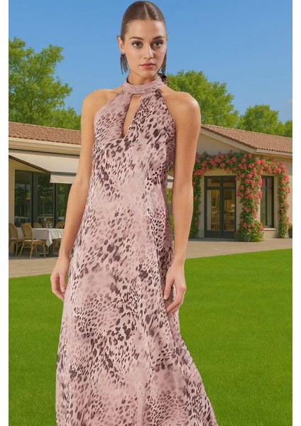 Astarlı Şifon Midi Abiye Elbise Halter Yaka Desenli Yazlık Kaliteli Işçilik Özenle Seçilmiş