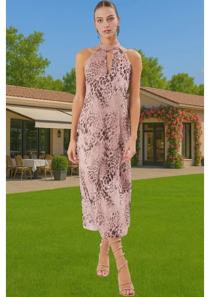 Astarlı Şifon Midi Abiye Elbise Halter Yaka Desenli Yazlık Kaliteli Işçilik Özenle Seçilmiş fiyatları