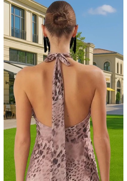 Astarlı Şifon Midi Abiye Elbise Halter Yaka Desenli Yazlık Kaliteli Işçilik Özenle Seçilmiş modelleri