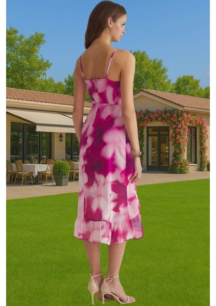 Astarlı Şifon Midi Elbise V Yaka Kruvaze Desenli Kaliteli Işçilik Özenle Seçilmiş Rahat ve Şık