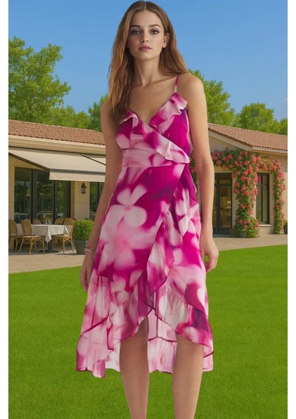 Astarlı Şifon Midi Elbise V Yaka Kruvaze Desenli Kaliteli Işçilik Özenle Seçilmiş Rahat ve Şık fiyatları