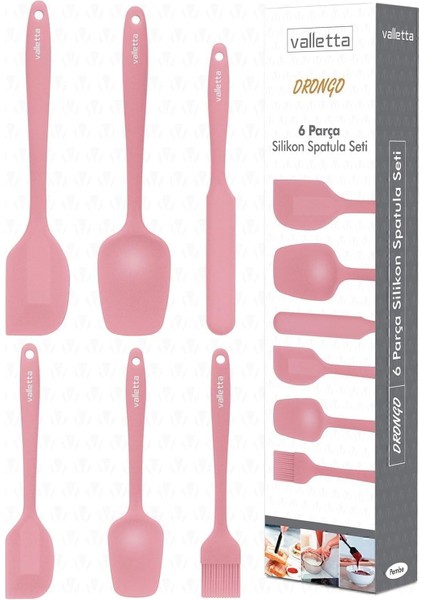 Drongo Isıya Dayanıklı Yanmaz Yapışmaz Silikon Spatula Seti 6 Parça Pembe