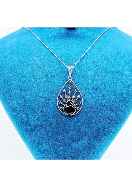 Damla Model Oltu Taşı Işçilikli 925 Ayar Gümüş Kolye