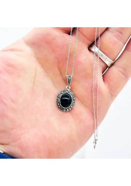 Zirkon ve Oltu Taşı Işçilikli 925 Ayar Gümüş Kolye fiyatları