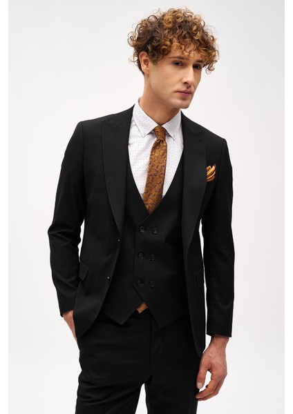 Erkek Siyah Slim Fit / Dar Kalıp Sivri Yaka Yelekli Takım Elbise fiyatları