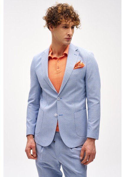 Erkek Mavi Slim Fit / Dar Kalıp Mono Yaka Takım Elbise
