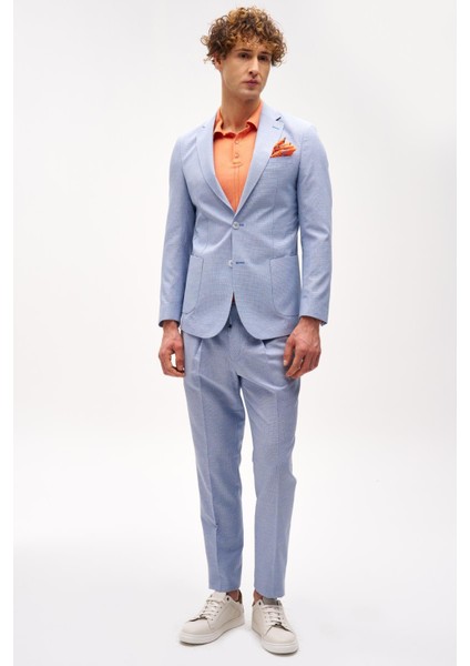 Erkek Mavi Slim Fit / Dar Kalıp Mono Yaka Takım Elbise