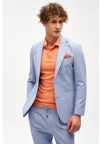 Erkek Mavi Slim Fit / Dar Kalıp Mono Yaka Takım Elbise